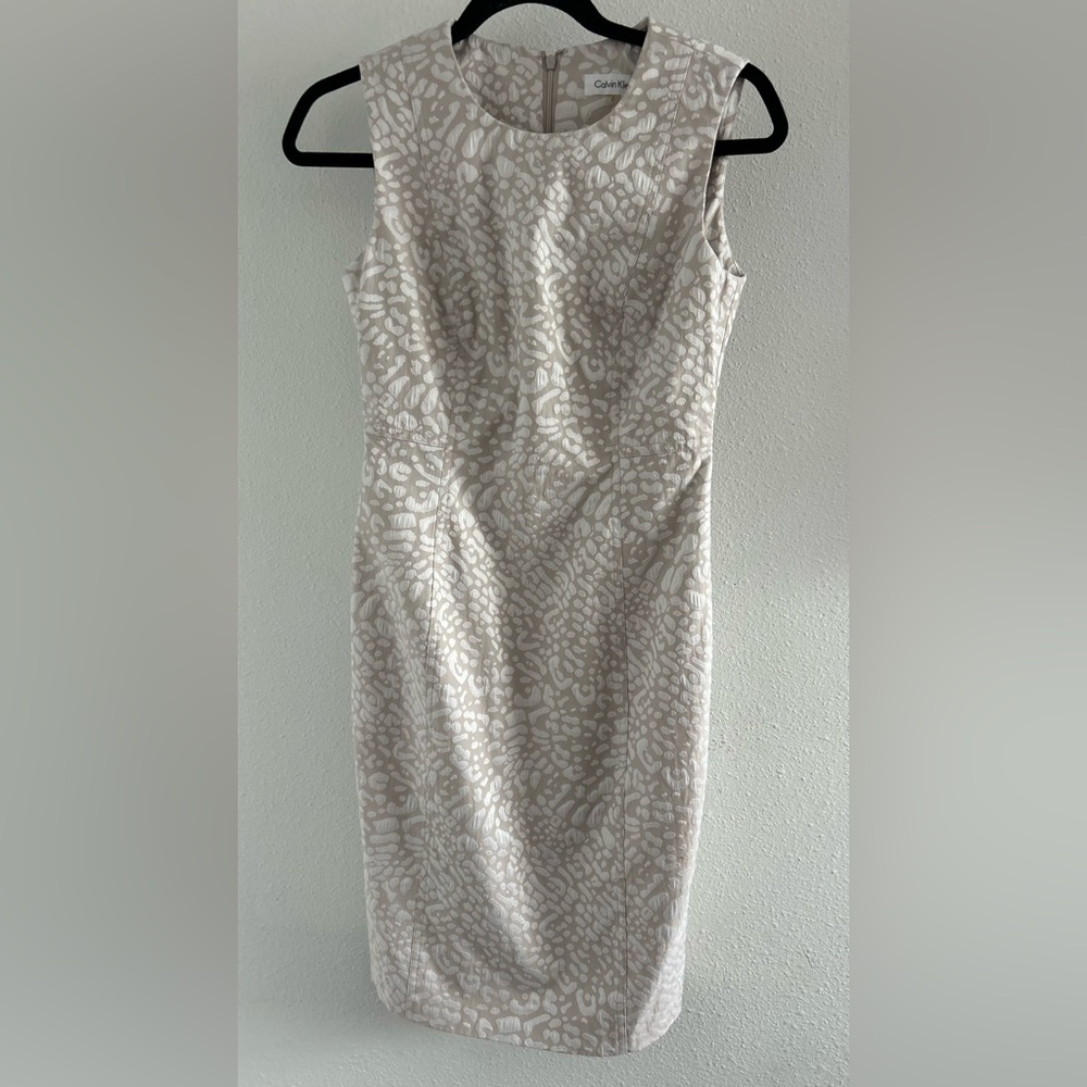Calvin Klein Ivory and Beige Jacquard Midi Sheath Dress